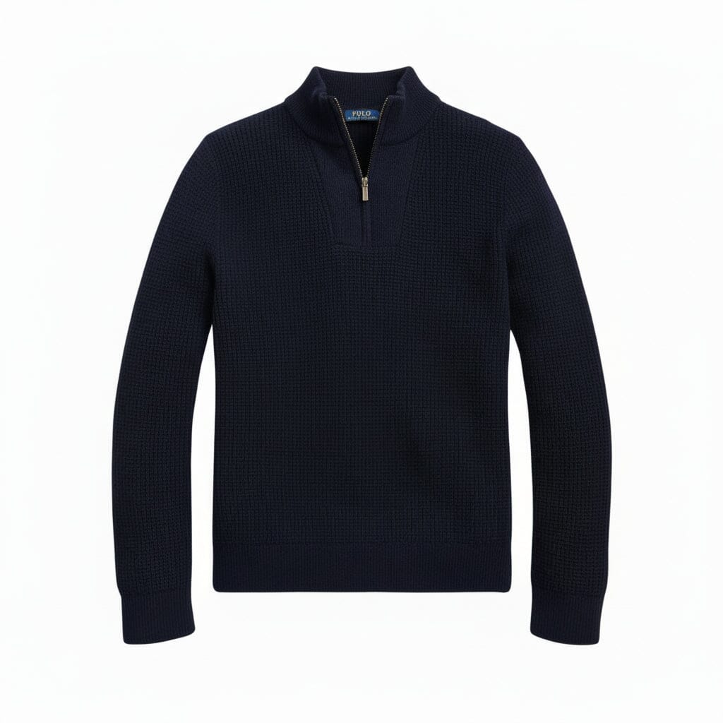 Waffelstrickpullover aus Wolle und Baumwolle mit Viertelreißverschluss Stiladel Marineblau S