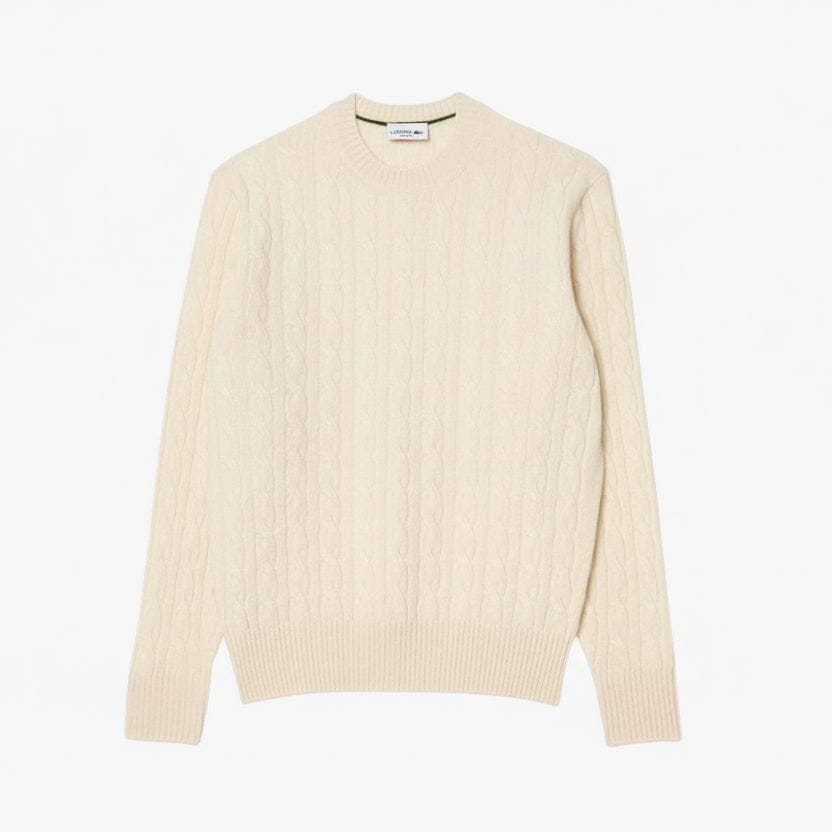 Cable Knit Carded Wool Crew Neck Sweater Stiladel Weiß S 