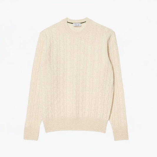 Cable Knit Carded Wool Crew Neck Sweater Stiladel Weiß S 