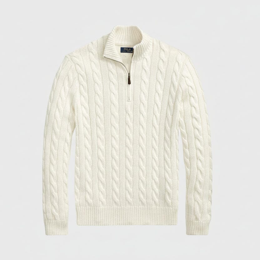 Grobstrick-Baumwollpullover mit Viertelreißverschluss Stiladel Creme S 