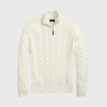 Grobstrick-Baumwollpullover mit Viertelreißverschluss Stiladel Creme S 