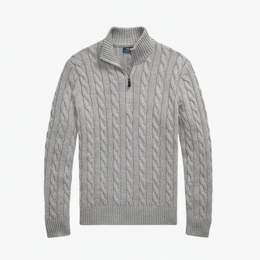 Grobstrick-Baumwollpullover mit Viertelreißverschluss Stiladel Grau S 