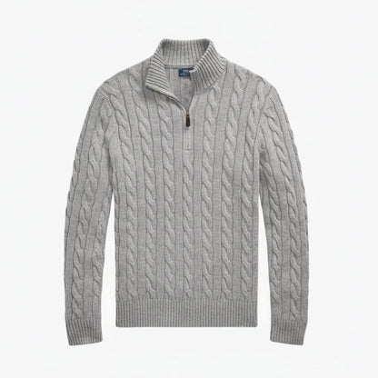 Grobstrick-Baumwollpullover mit Viertelreißverschluss Stiladel Grau S 