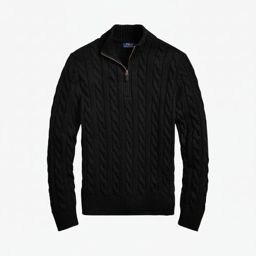 Grobstrick-Baumwollpullover mit Viertelreißverschluss Stiladel Schwarz S 