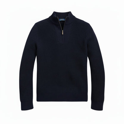 Waffelstrickpullover aus Wolle und Baumwolle mit Viertelreißverschluss Stiladel Marineblau S 