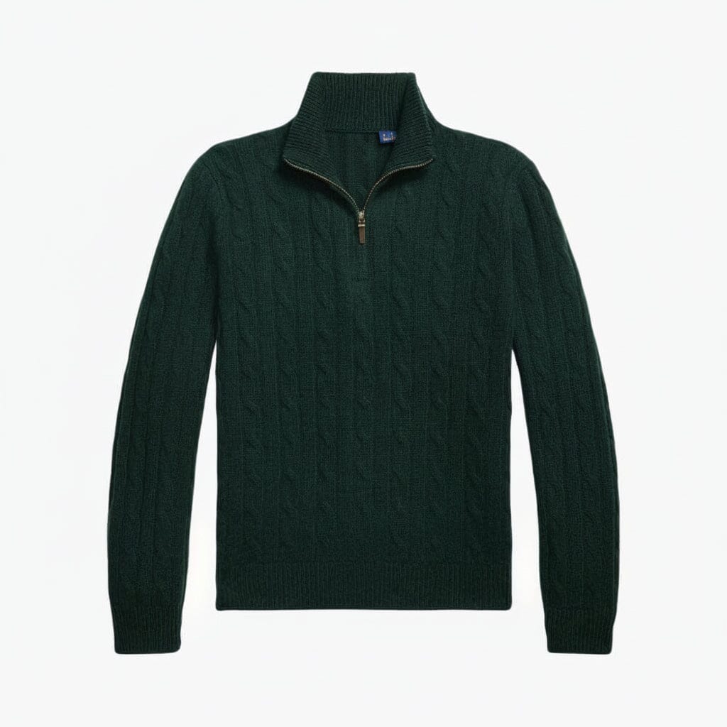 Zopfmuster-Kaschmirpullover mit Viertelreißverschluss Stiladel Grün S 