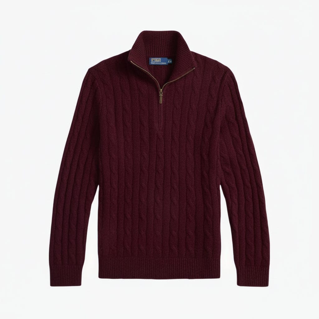 Zopfmuster-Kaschmirpullover mit Viertelreißverschluss Stiladel Wein S 